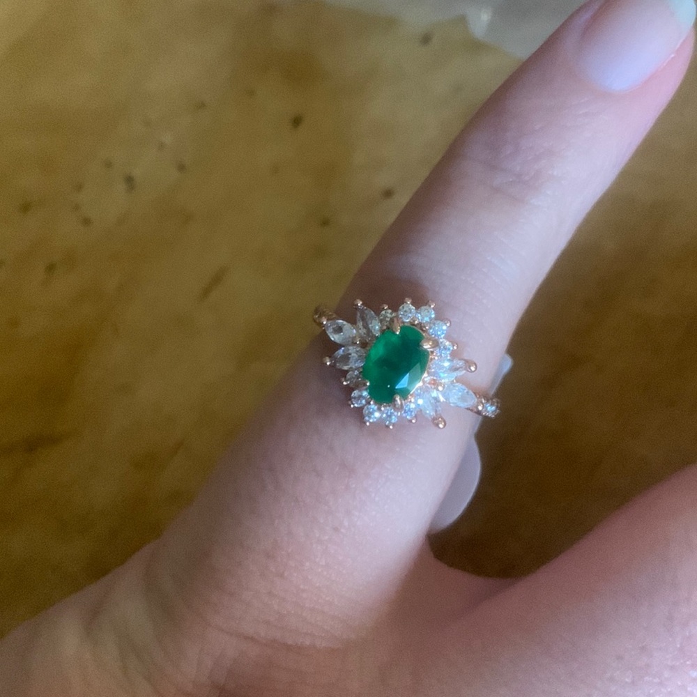 “Starlight Wonder” Natural Fusion Zambian Emerald, Rose gold plating, size 6.